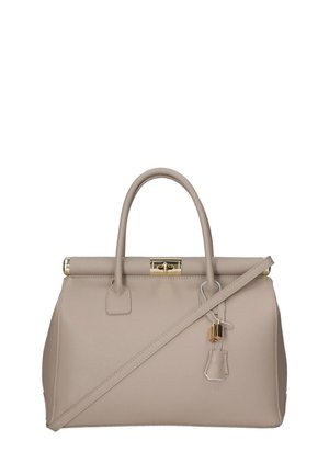 Borsa a mano in pelle beige dal design strutturato, con hardware dorato e una tracolla rimovibile. Presenta manici superiori e un dettaglio a lucchetto.