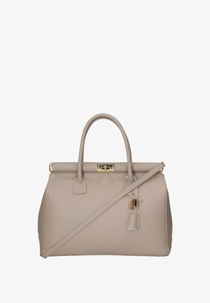 Beige Lederhandtasche mit strukturierter Form, goldenen Beschlägen und einem abnehmbaren Gurt. Verfügt über obere Griffe und ein Schlossdetail.