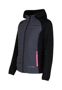 Lichte jas met een grijs en zwart ontwerp, opgeblazen voorpaneel, verstelbare capuchon en roze ritszakdetails. Milieu-vriendelijk materiaal.