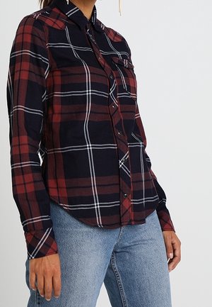 Kobieta w ciemnoczerwonej i granatowej koszuli w kratę z kieszenią z przodu, w jasnoniebieskich dżinsach, stoi na tle białego tła.