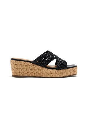 Sandale plateforme tissée noire avec des lanières croisées, dotée d'un intersemelle en jute tressé et d'une semelle noire lisse. Design simple et moderne.