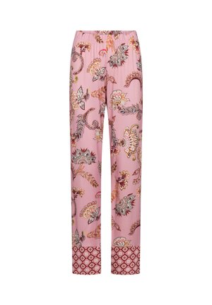 Rosa lockere Hose mit Blumen- und Paisley-Mustern, elastischem Bund und kontrastierenden geometrischen Bündchen an den Knöcheln.