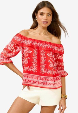 Red off-the-shoulder blouse with floral patterns and ruffled sleeves. Made of lightweight fabric; features a horizontal stripe design along the hem.