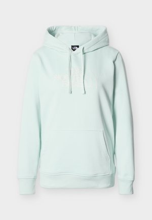 Svetlo modra pulover kapuca s sprednjim žepom kenguru, vrvico za nastavljanje in belim logotipom "The North Face" na prsih.