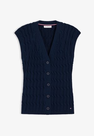 Vestă bleumarin fără mâneci, tricotată cu model de cabluri, cu cinci nasturi pe partea din față și un mic logo Tommy Hilfiger lângă tiv.