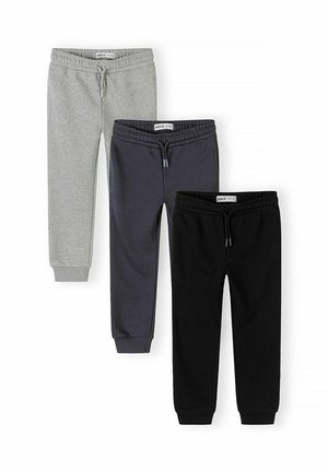 Tre par børne joggebukser i grå, mørkegrå og sort med elastik i taljen og snøre, vist på en hvid baggrund.