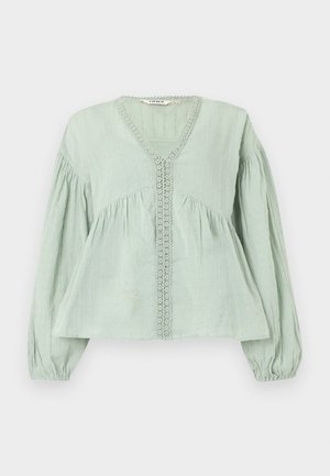 Hellgrüne langärmlige Bluse mit V-Ausschnitt, Spitzenbesatz vorne, geraffter Taille und elastischen Bündchen, auf weißem Hintergrund präsentiert.