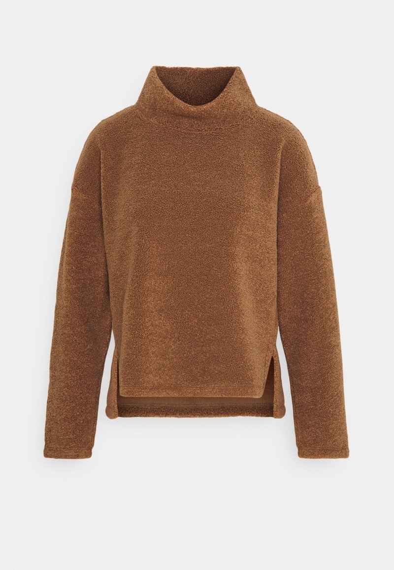 Pull marron en polaire à manches longues avec col montant et fentes latérales, montrant un tissu doux et texturé sur fond uni.