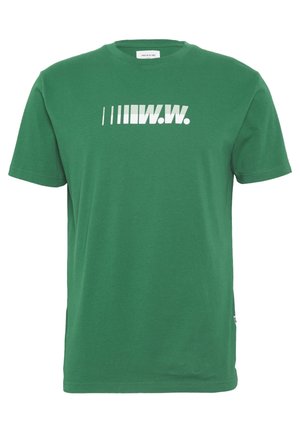 T-shirt vert à manches courtes avec un logo blanc "W.W." et des barres verticales imprimées sur la poitrine, col rond et coupe régulière.