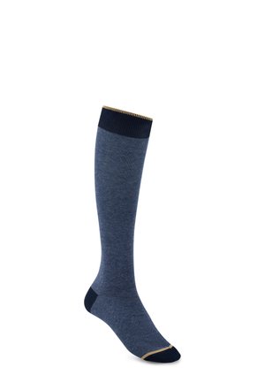 Calza singola al ginocchio in blu strutturato con bordo, tallone e punta blu scuro, e una sottile rifinitura beige su bordo e punta.