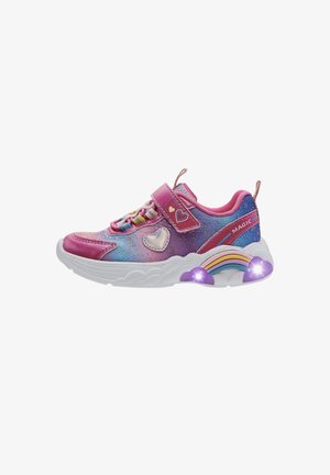 Lila- und rosa Sneaker mit einem Klettverschluss, Herzakzenten, Regenbogenmuster an der Ferse und Leuchteffekten in der Sohle.