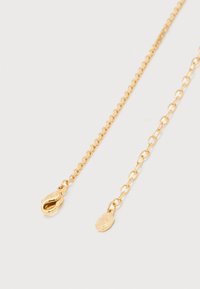 Δύο ευαίσθητες χρυσές αλυσίδες με διαφορετικά σχέδια συνδέσμων, η μία καταλήγει σε κούμπωμα τύπου αστακού και η άλλη σε μια μικρή χαραγμένη ετικέτα.