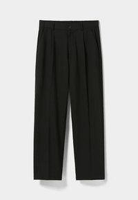 Black pleated trousers with a waistband, made from smooth fabric. Features a button closure and a straight-leg design.