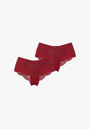 Culottes en dentelle rouge avec un bord festonné. Le matériau présente des motifs floraux et un tissu intérieur lisse. Vendu par lot de deux.