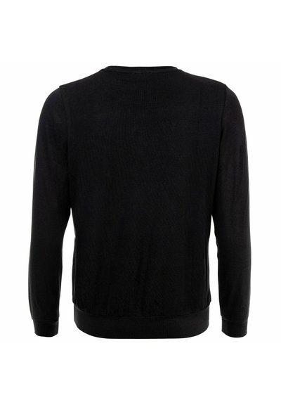 Maglione nero a collo rotondo con maniche lunghe, polsini e orlo a costina, realizzato in un tessuto morbido con una texture liscia, vista posteriore mostrata.