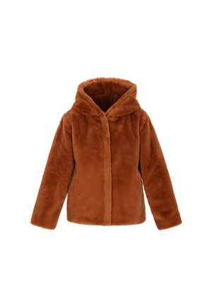 Braune Kunstpelzjacke mit Kapuze, langen Ärmeln und Knopfverschluss; weiche Textur und glatte Oberfläche.