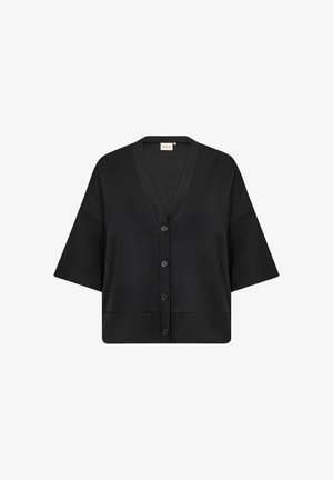 Zwarte korte mouwen cardigan met een V-hals, sluiting met knopen aan de voorkant en een relaxte pasvorm. Zachte stof met een gladde textuur en zonder patronen.