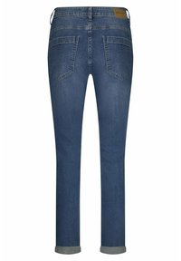 Donkerblauwe denim jeans met een recht model, voorzien van opgerolde pijpen en twee achterzakken. Leren merklabel op de tailleband.