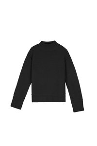 Pull en tricot noir à manches longues avec un col haut à côtes et des poignets et un ourlet côtelés, exposé à plat sur un fond blanc.