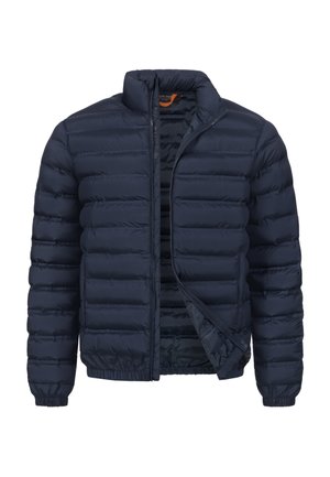 Marineblå puffjakke med kort krage, horisontalt quiltet design, glidelås foran, og elastiske mansjetter og kant. Lett, polstret materiale.