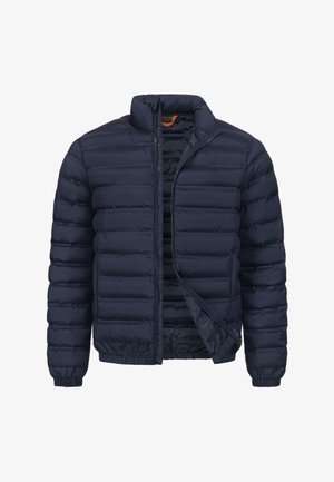 Marineblå puffjakke med kort krage, horisontalt quiltet design, glidelås foran, og elastiske mansjetter og kant. Lett, polstret materiale.