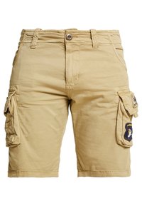 Beige cargoshorts van katoen, met vier grote zakken, een rits en een patch met een adelaar-embleem op de linker cargozak.