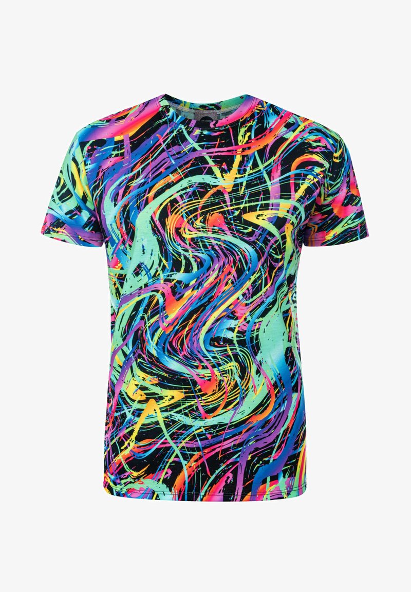 T-shirt z krótkim rękawem z lekkiego materiału, charakteryzujący się wirującym, wielokolorowym abstrakcyjnym wzorem na czarnym tle; okrągły dekolt.