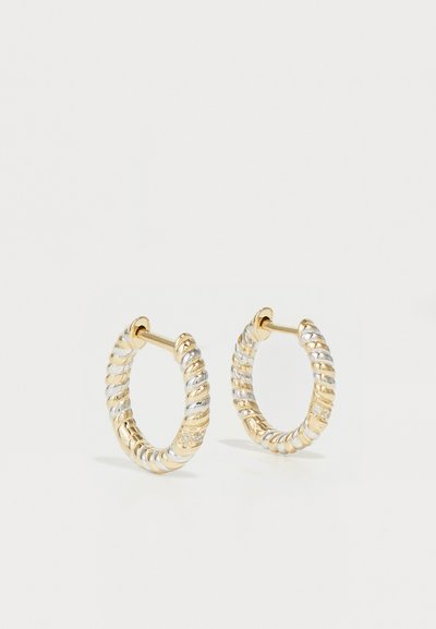 Zlaté a strieborné kruhové náušnice s prekruteným dizajnom, s lešteným povrchom a malým akcentom na jednej z náušníc.