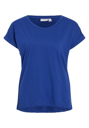 Blaues T-Shirt mit kurzen Ärmeln aus glattem Baumwollstoff. Besitzt einen runden Halsausschnitt und eine lockere Passform mit umgeschlagenen Ärmeln.