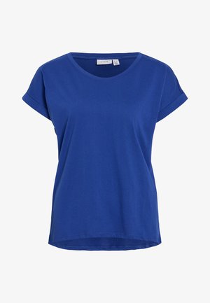 Blaues T-Shirt mit kurzen Ärmeln aus glattem Baumwollstoff. Besitzt einen runden Halsausschnitt und eine lockere Passform mit umgeschlagenen Ärmeln.