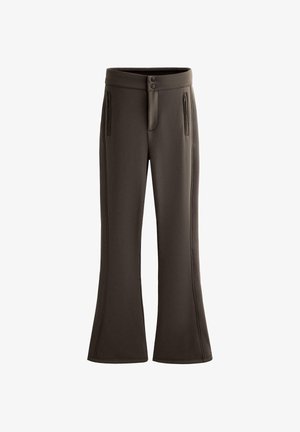 Hnedé rozšírené tepláky s dvoma prednými zipsovými vreckami, duálnym gombíkovým zapínaním a plochými švami. Mäkká tkanina s hladkým povrchom.