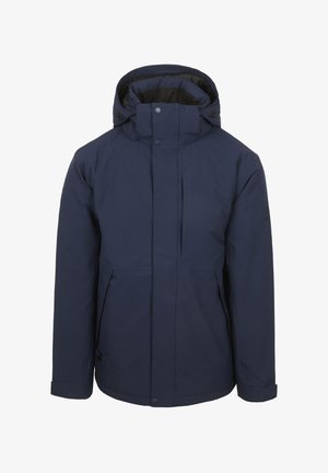 Marineblaue wasserdichte Jacke mit hohem Kragen, verstellbarem Kapuze und Frontreißverschluss. Mit Reißverschlusstaschen und verstärkten Nähten.