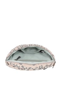 Custodia per laptop imbottita in un motivo leopardato rosa e grigio, con chiusura a zip e una morbida foderatura interna verde chiaro con una tasca aggiuntiva.