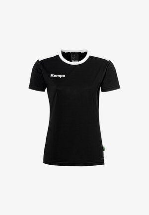 Zwarte sport t-shirt met korte mouwen, witte accenten bij de kraag en schouders, met een wit "Kempa" logo op de voorkant.