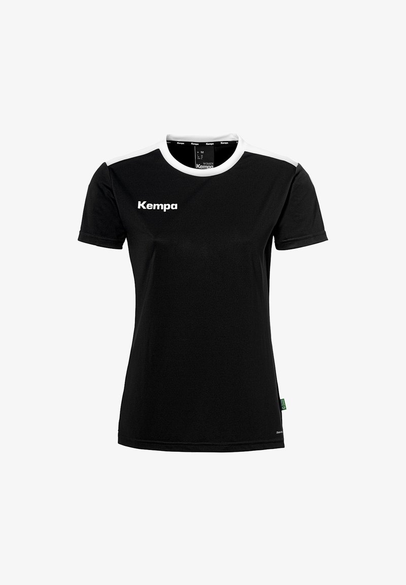 T-shirt de sport noir à manches courtes, avec des accents blancs au col et aux épaules, arborant un logo "Kempa" blanc sur le devant.