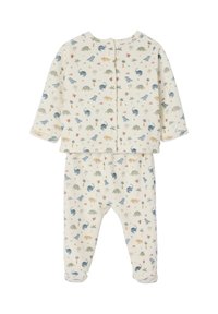 Two-piece children's pajama set made of soft fabric. Cream background with colorful dinosaur and plant patterns. Includes long sleeves and pants.