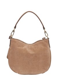 Tan suede shoulder bag with a curved shape, zipper closure, and a single, rounded handle. Features gold hardware accents.