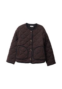 Brązowa quiltowana kurtka z okrągłym dekoltem, dwoma dużymi przednimi kieszeniami i zapięciem na guziki. Miękka faktura z ciemnymi akcentami.