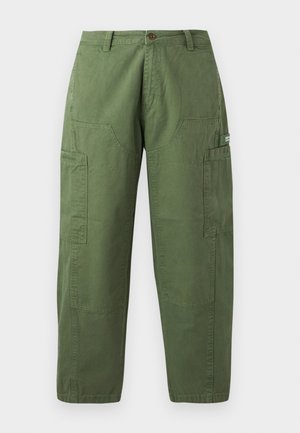Cargo pants in olive green cotton. Features include wide legs, two large front pockets, and reinforced side utility pocket. Flat waistband with button.