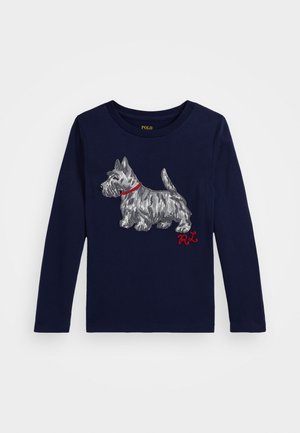Navyblaues Langarm-T-Shirt aus Baumwolle, mit einem grauen gestickten Hund mit roter Halskette und "RL" in rotem Stich.