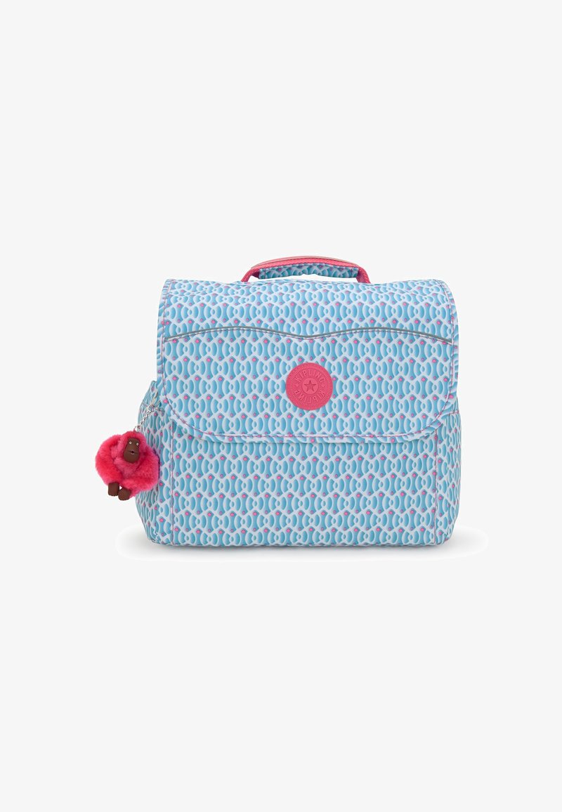 Light blue backpack with a repeating pattern of links, pink accents, a flap closure, and a pink fuzzy pom-pom keychain detail.
