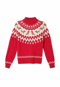 Rotes Strickpullover mit weißen und beigen Zickzackmustern sowie Reihen von kleinen Hunden mit roten Halsbändern um die Brust und Schultern.