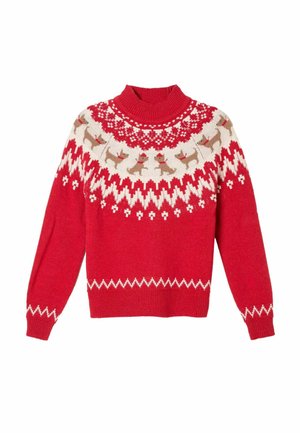 Rotes Strickpullover mit weißen und beigen Zickzackmustern sowie Reihen von kleinen Hunden mit roten Halsbändern um die Brust und Schultern.