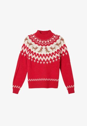 Rotes Strickpullover mit weißen und beigen Zickzackmustern sowie Reihen von kleinen Hunden mit roten Halsbändern um die Brust und Schultern.