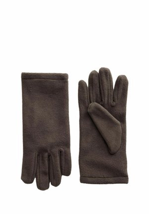 Een paar donkerbruine fleecehandschoenen, één met de handpalm omhoog en één met de handpalm omlaag, die een zachte textuur en eenvoudig ontwerp tonen op een witte achtergrond.