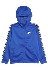 Sudadera con capucha azul con cremallera, hecha de tela suave, con capucha, dos bolsillos delanteros y franjas laterales negras con texto blanco "Nike".