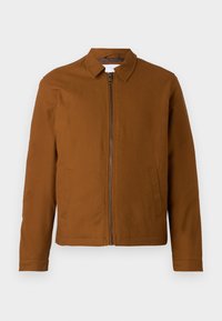 Brown lightweight jacket with a collar, full front zipper, and two side pockets. Smooth texture and tailored shape.