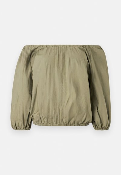 Blouse à manches longues décolletée en vert olive avec encolure, poignets et ourlet élastiqués pour une coupe ample froncée.