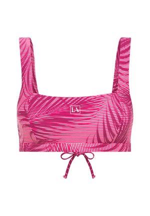 Rosa gemusterter Bikini-Oberteil mit breiten Trägern, der horizontale Streifen und Palmenblatt-Designs aufweist. Mit einem vorderen Bindedetail.