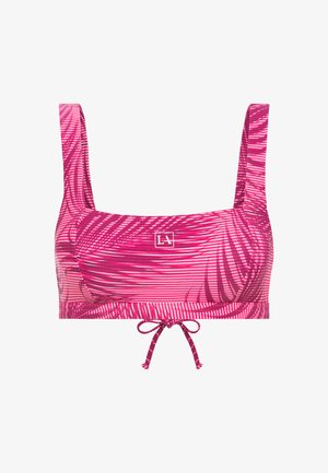 Roze bikini-top met een patroon en brede bandjes, met horizontale strepen en ontwerpen van palmbladeren. Inclusief een voorste striksluiting.